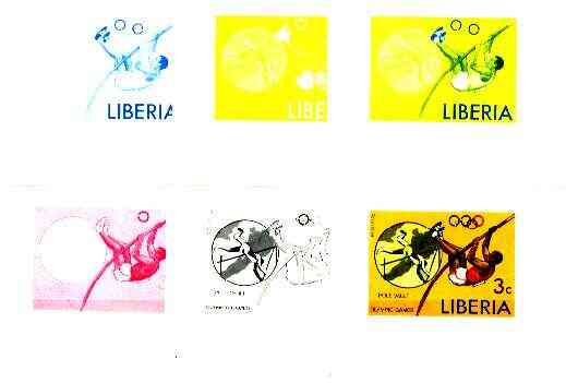 Liberia 1976 Montreal Olympics 3c Pole Vault the set of 6 imperf progressive proofs comprising the 4 individual colours plus 2 and all 4-colour composites, unmounted mint as SG 1271, stamps on sport, stamps on pole vault