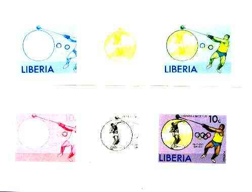 Liberia 1976 Montreal Olympics 10c Hammer & Shot Putt the set of 6 imperf progressive proofs comprising the 4 individual colours plus 2 and all 4-colour composites unmoun..., stamps on sport, stamps on hammer, stamps on shot