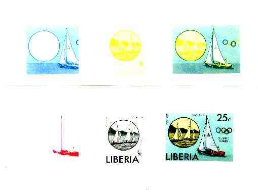 Liberia 1976 Montreal Olympics 25c Sailing the set of 6 imperf progressive proofs comprising the 4 individual colours plus 2 and all 4-colour composites unmounted mint, as SG 1273, stamps on sport, stamps on sailing