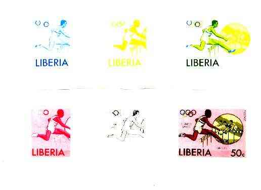 Liberia 1976 Montreal Olympics 50c Hurdling 50c the set of 6 imperf progressive proofs comprising the 4 individual colours plus 2 and all 4-colour composites unmounted mint, as SG 1275, stamps on sport, stamps on hurdles