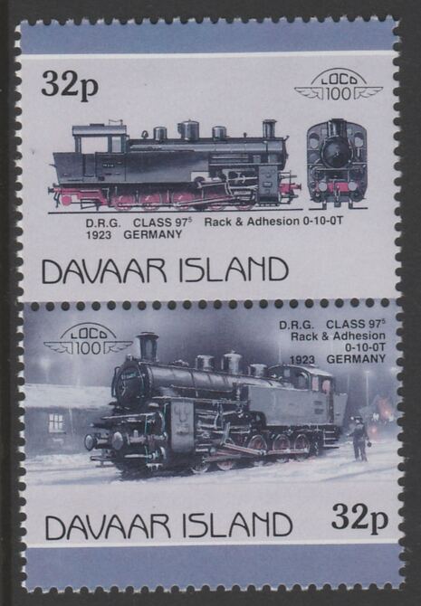 Davaar Island 1983 Locomotives #1 DRG Class 97 0-10-0 loco 32p perf se-tenant pair with yellow omitted unmounted mint, stamps on , stamps on  stamps on railways