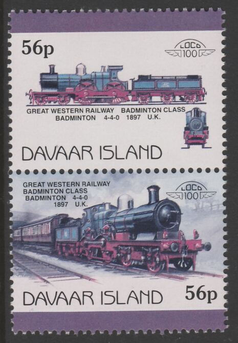 Davaar Island 1983 Locomotives #1 GWR Badminton Class 4-4-0 loco 56p perf se-tenant pair with yellow omitted  unmounted mint , stamps on railways