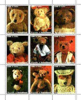 Somaliland 1999 Teddy Bears perf sheetlet containing coplete set of 9 values unmounted mint, stamps on teddy bears