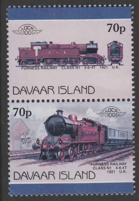 Davaar Island 1983 Locomotives #1 Furness Railway Class N1 4-6-4T loco 70p se-tenant pair with yellow omitted unmounted mint, stamps on railways