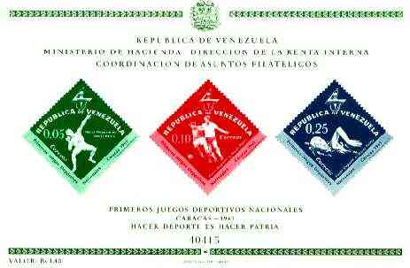 Venezuela 1962 First National Games (Postage) imperf m/sheet containing 3 diamond shaped stamps, SG MS 1743, stamps on sport, stamps on shot, stamps on football, stamps on swimming, stamps on diamond