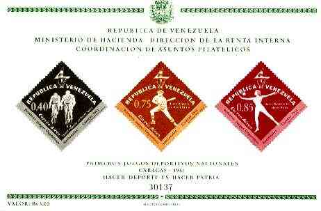 Venezuela 1962 First National Games (Air Mail) imperf m/sheet containing 3 diamond shaped stamps unmounted mint, SG MS 1747, stamps on sport, stamps on bicycles, stamps on baseball, stamps on gymnastics, stamps on diamond, stamps on  gym , stamps on gymnastics, stamps on 