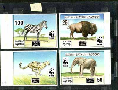 Batum 1994 WWF Wild Animals - original hand painted artwork comprising 4 individual water-colours (Zebra, Bison, Cheetah & Elephant each 100 x 74 mm) with overlays for co..., stamps on animals, stamps on wwf, stamps on bison, stamps on elephant, stamps on zebra, stamps on cheetah, stamps on cats, stamps on bovine, stamps on  wwf , stamps on 