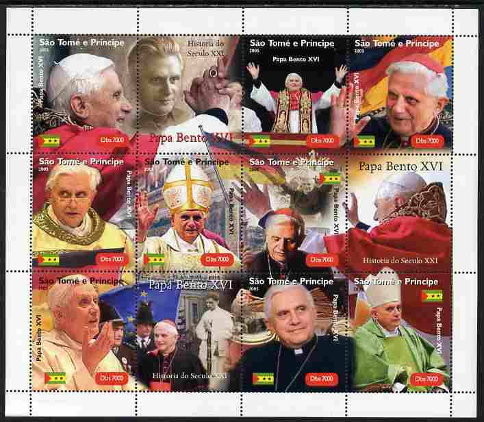 St Thomas & Prince Islands 2005 Pope Benedict perf sheetlet containing 12 values unmounted mint, stamps on pope, stamps on popes