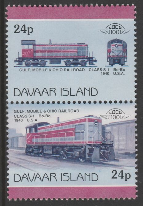 Davaar Island 1983 Locomotives #2 Gulf, Mobile & Ohio Class S-1 loco 24p se-tenant pair with yellow omitted unmounted mint, stamps on , stamps on  stamps on railways