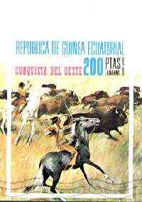 Equatorial Guinea 1974 Wild West (Indians hunting Buffalo) imperf m/sheet fine cto used, MI BL 127, stamps on , stamps on  stamps on americana, stamps on indians, stamps on hunting, stamps on buffalo, stamps on bison, stamps on bovine, stamps on cultures, stamps on animals, stamps on  stamps on wild west
