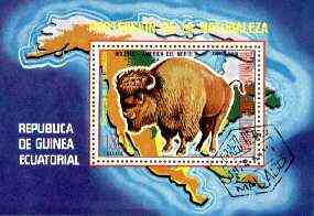 Equatorial Guinea 1977 North American Animals (Buffalo) perf m/sheet fine cto used, MI BL 271, stamps on animals, stamps on buffalo, stamps on bison, stamps on bovine, stamps on maps, stamps on americana