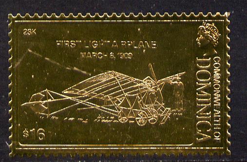 Dominica 1978 History of Aviation (Santos-Dumont's Dragonfly) $16 embossed on 23k gold foil unmounted mint, stamps on aviation, stamps on dragonflies