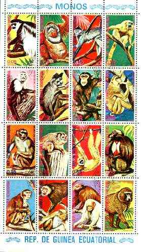Equatorial Guinea 1974 (?) Primates cto set of 16, stamps on animals, stamps on apes