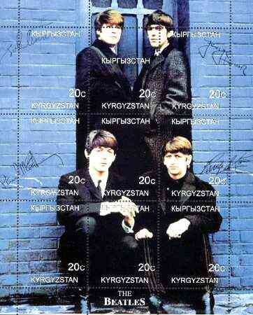 Kyrgyzstan 1999 Beatles composite perf sheet of 9 values unmounted mint, stamps on music, stamps on entertainments, stamps on beatles, stamps on pops