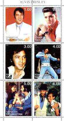 Tadjikistan 1999 Elvis Presley perf sheet of 6 values unmounted mint, stamps on music, stamps on entertainments, stamps on elvis, stamps on pops, stamps on films, stamps on cinema, stamps on personalities