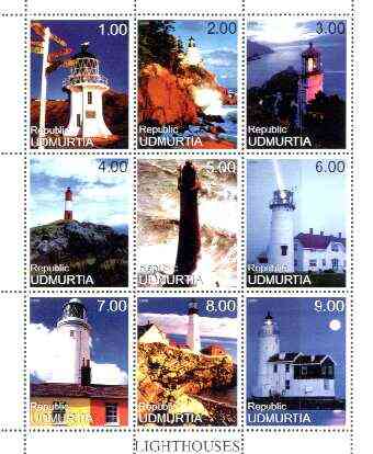 Udmurtia Republic 1999 Lighthouses perf sheetlet containing complete set of 9 values unmounted mint, stamps on lighthouses