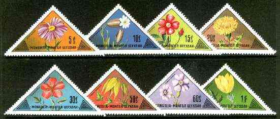 Mongolia 1973 Flowers triangular set of 8 unmounted mint, SG 790-97, stamps on flowers, stamps on triangulars
