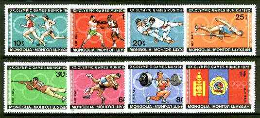 Mongolia 1972 Munich Olympic Games set of 8 unmounted mint, SG 677-84*, stamps on olympics, stamps on sport, stamps on weightlifting, stamps on judo, stamps on boxing, stamps on flags, stamps on wrestling, stamps on running, stamps on high jump, stamps on rifle, stamps on martial arts