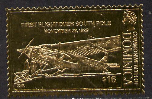 Dominica 1978 History of Aviation (First Flight over South Pole) $16 embossed on 23k gold foil unmounted mint, stamps on aviation 