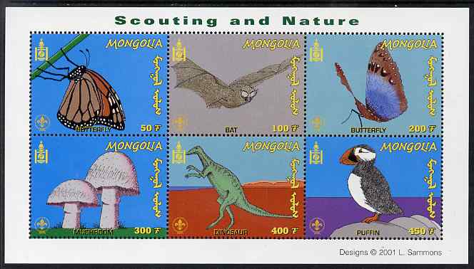 Mongolia 2001 Scouting & Nature perf m/sheet containing 6 values unmounted mint, SG MS 2950a, stamps on scouts, stamps on butterflies, stamps on fungi, stamps on dinosaurs, stamps on bats, stamps on mammals, stamps on birds, stamps on puffins