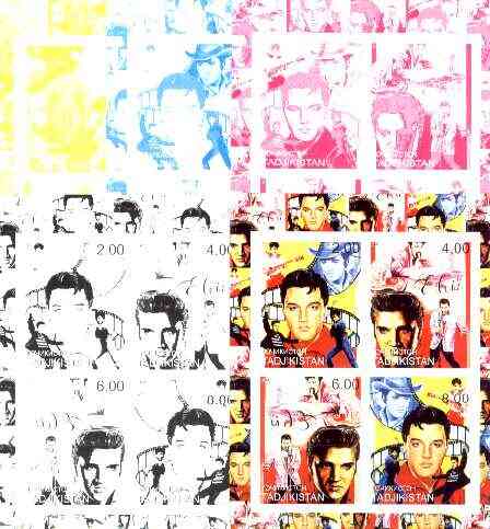 Tadjikistan 2000 Elvis Presley sheetlet of 4, the set of 5 imperf progressive colour proofs comprising the 4 individual colours plus all 4-colour composite unmounted mint, stamps on music, stamps on entertainments, stamps on elvis, stamps on pops, stamps on films, stamps on cinema, stamps on personalities, stamps on guitar