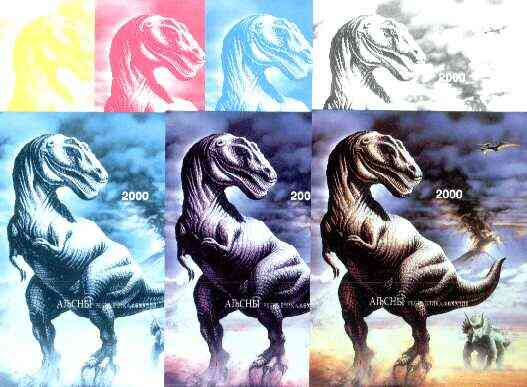 Abkhazia 1997 Dinosaurs souvenir sheet (2000 value) the set of 7 imperf progressive proofs comprising the 4 individual colours, plus 2, 3 and all 4-colour composites unmo..., stamps on dinosaurs, stamps on volcanoes