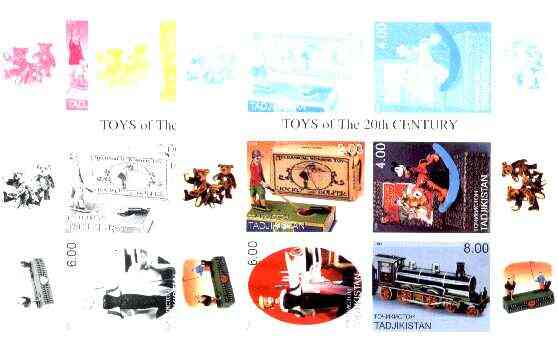 Tadjikistan 2000 Toys of the 20th Century (sheetlet containing 4 vals - Jocko the golfer, Pluto, Train & Barbi Doll) the set of 5 imperf progressive proofs comprising the 4 individual colours, plus all 4-colour composite, stamps on toys, stamps on golf, stamps on pluto, stamps on disney, stamps on railways, stamps on teddy bears, stamps on dolls, stamps on millennium