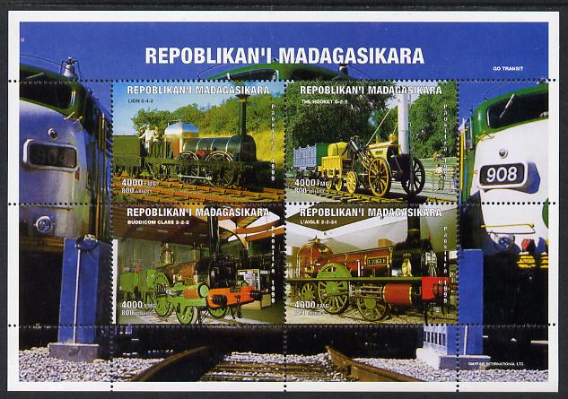 Madagascar 1999 Early Steam Locomatives perf sheetlet containing 4 values unmounted mint. Note this item is privately produced and is offered purely on its thematic appea..., stamps on railways