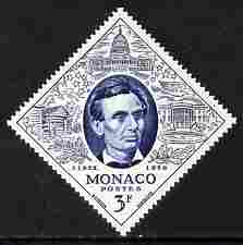 Monaco 1965 Abraham Lincoln 3f diamond shaped unmounted mint from Philatelic Exhibition set, SG 546*, stamps on personalities, stamps on lincoln, stamps on diamond, stamps on usa presidents, stamps on americana, stamps on stamp exhibitions