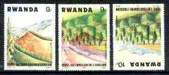 Rwanda 1983 Soil Erosion superb perforated proof comprising 9f black & red colours upright with 10f blue and yellow inverted.  A most unusual and spectacular item with the two appropriate normal stamps, all unmounted mint, stamps on environment, stamps on trees, stamps on geology