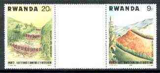 Rwanda 1983 Soil Erosion perforated se-tenant gutter pair comprising 9f and 20f from uncut archive sheet, stamps on environment, stamps on trees, stamps on geology