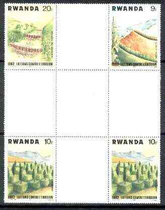 Rwanda 1983 Soil Erosion perforated se-tenant cross - gutter block of 4 comprising 9f, 20f and 2 x 10f (folded through gutter) from uncut archive sheet, rare thus, stamps on environment, stamps on trees, stamps on geology