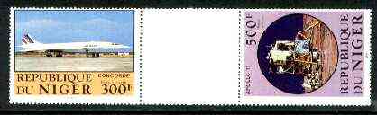 Niger Republic 1983 Manned Flight perforated se-tenant gutter pair comprising 300f & 500f (folded through gutter) from uncut archive sheet, rare thus, unmounted mint, stamps on aviation, stamps on concorde, stamps on space