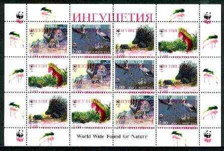 Ingushetia Republic 1998 WWF - Wild Animals & Birds perf sheetlet containing complete set of 12 (3 sets of 4) with superb 3mm drop of red (affects all 12 stamps & WWF log..., stamps on wwf, stamps on animals, stamps on birds, stamps on  wwf , stamps on 