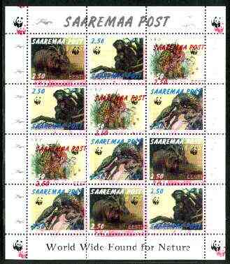 Estonia (Saaremaa) 1998 WWF - Wild Animals perf sheetlet containing complete set of 12 (3 sets of 4) with superb 4mm drop of red (affects all 12 stamps & WWF logo in marg..., stamps on wwf, stamps on animals, stamps on hippo, stamps on apes, stamps on cats, stamps on  wwf , stamps on 