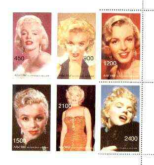 Abkhazia 1997 Marilyn Monroe sheetlet containing complete set of 6 values, two stamps at right perforated on 3 sides only, the remainder of the sheet is imperf, stamps on music, stamps on entertainments, stamps on women, stamps on films, stamps on marilyn monroe