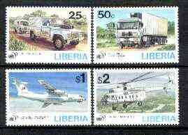 Liberia 1995 UN 50th Anniversary - Transport set of 4 unmounted mint, Sc 1187-90*, stamps on transport, stamps on aviation, stamps on helicopter, stamps on trucks, stamps on land rover, stamps on united nations