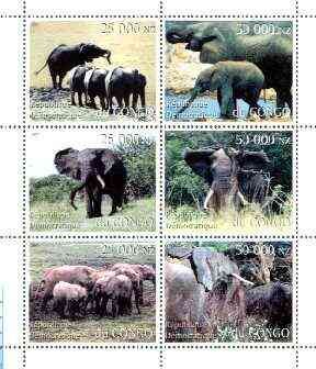 Congo 1997 Elephants perf sheetlet containing complete set of 6 values unmounted mint, stamps on animals, stamps on elephants