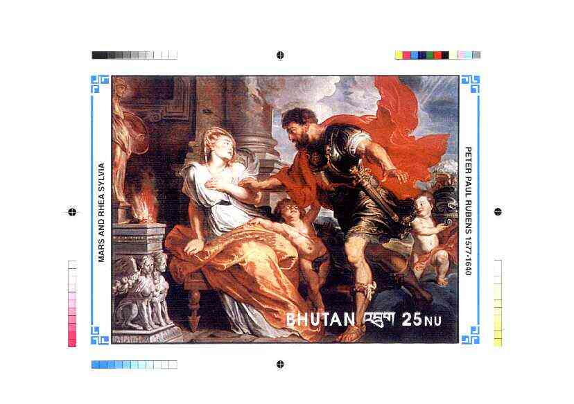 Bhutan 1991 Death Anniversary of Peter Paul Rubens Intermediate stage computer-generated artwork for 25nu m/sheet (Mars and Rhea Sylvia), magnificent item ex Government a..., stamps on arts, stamps on rubens, stamps on nudes, stamps on mythology, stamps on ancient greece , stamps on renaissance