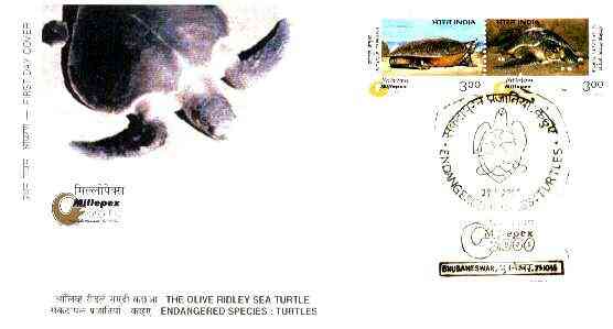 India 2000 Millepex (Sea Turtles) se-tenant pair on illustrated cover with special first day cancel, stamps on stamp ehhibitions, stamps on reptiles, stamps on turtles