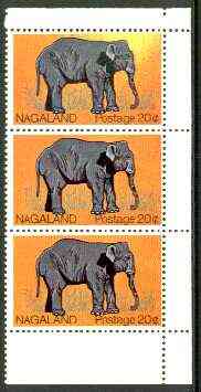 Nagaland 1969 Elephant 20c vert strip of 3, upper stamp with massive disturbance to background (yellow instead of orange) unmounted mint, stamps on animals, stamps on elephants