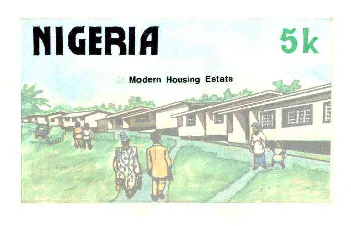 Nigeria 1986 Nigerian Life Def series - original hand-painted artwork for 5k value (Modern Housing Estate) by Godrick N Osuji on card 220 mm x 126 mm , stamps on housing, stamps on buildings