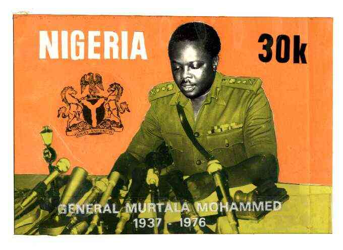 Nigeria 1977 First Death Anniversary of Gen Muhammed - original hand-painted composite artwork for 30k value (General speaking into Microphones) by unknown artist on card..., stamps on microphones, stamps on 