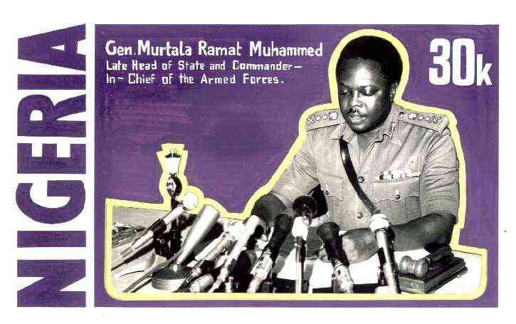 Nigeria 1977 First Death Anniversary of Gen Muhammed - original hand-painted composite artwork for 30k value (General speaking into Microphones) by unknown artist on boar..., stamps on microphones, stamps on 