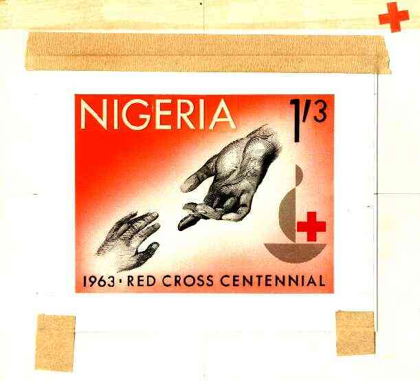 Nigeria 1963 Red Cross Centenary - original hand-painted artwork for 1s3d value (Outstretched hands) probably by M Goaman on board 134 x 100 mm , stamps on red cross, stamps on medical, stamps on 