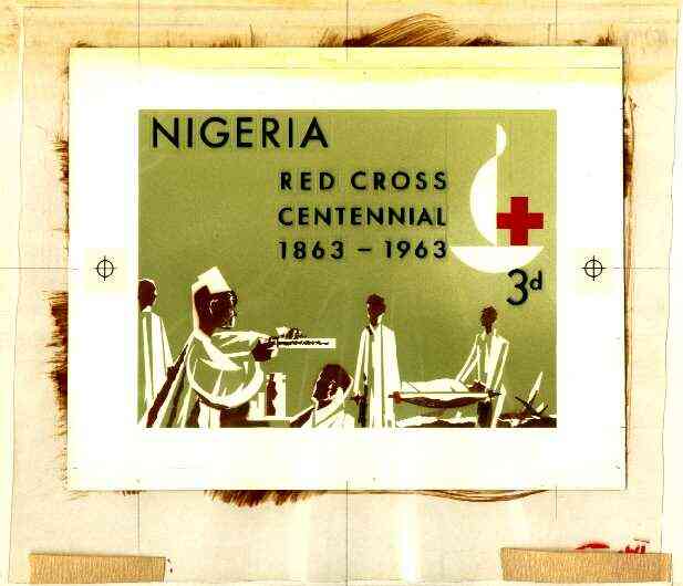 Nigeria 1963 Red Cross Centenary - original hand-painted artwork for 3d value (Stretcher carriers) probably by M Goaman on board 134 x 100 mm , stamps on nurses, stamps on red cross, stamps on medical, stamps on 