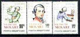 Albania 1991 Death Bicentenary of Mozart set of 3 unmounted mint, SG 2499-2501, Mi 2477-79*, stamps on music, stamps on composers, stamps on mozart, stamps on masonics, stamps on opera, stamps on personalities, stamps on mozart, stamps on music, stamps on composers, stamps on masonics, stamps on masonry