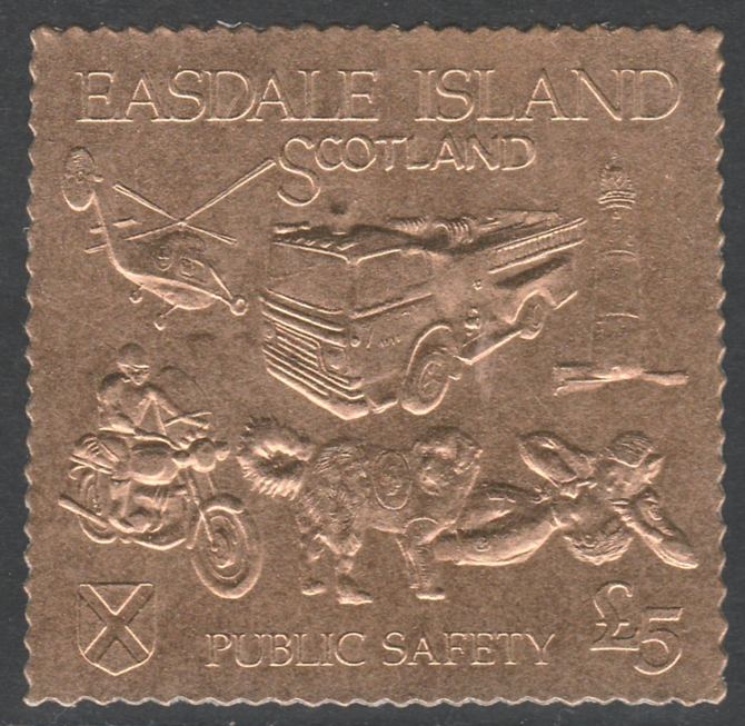 Easdale 1991 Public Safety Â£5 embossed in gold foil (showing Lighthouse, Fire engine, Rescue Dog, Helicopter, First-Aid & Motorcyclist) unmounted mint, stamps on lighthouses, stamps on fire, stamps on dogs, stamps on helicopters, stamps on aviation, stamps on medical, stamps on motorbikes, stamps on bernard, stamps on rescue