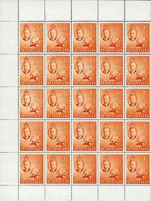 Seychelles 1952 Tortoise SG 159 KG6 3c orange complete sheet of 50 unmounted mint incl retouches on 2/8 & 3/8, stamps on animals, stamps on  kg6 , stamps on reptiles, stamps on tortoises
