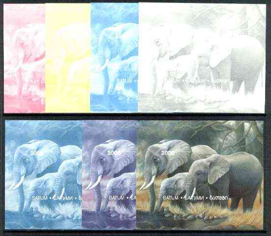 Batum 1997 Endangered Species (Elephant) perf souvenir sheet (2000 value) the set of 7 imperf progressive colour proofs comprising the 4 individual colours plus 2, 3 and ..., stamps on animals, stamps on elephant